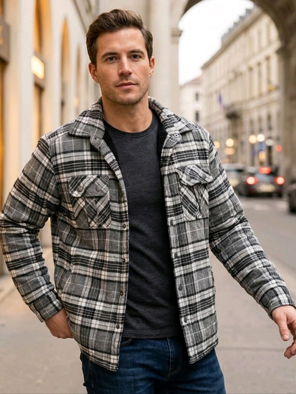 BKE Mens Sherpa Lined Plaid Flannel Shacket Black White Snap Jacket Large Buckle